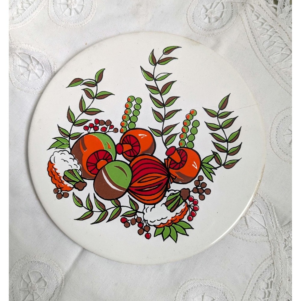 Vintage 1970s Ceramic Trivet, Retro Kitchen Hot Plate, Mid Century Fruit Design‎